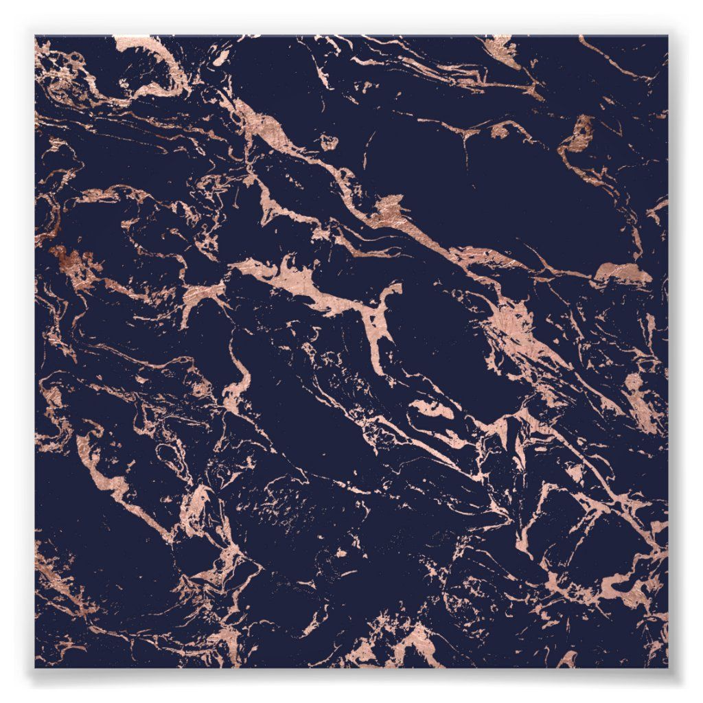 Cool Navy Blue Rose Gold Marble Pattern Photo Print