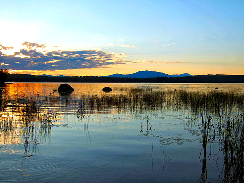 Maine Lake Sunset Dusk Mountains Desktop Background Photo