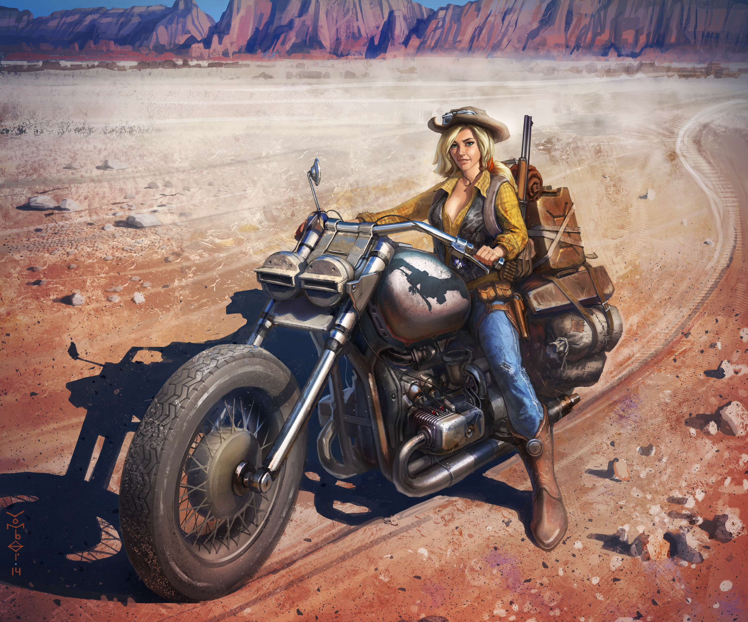 Wallpaper Art Girl Look Hat Motorcycle Boots Painting