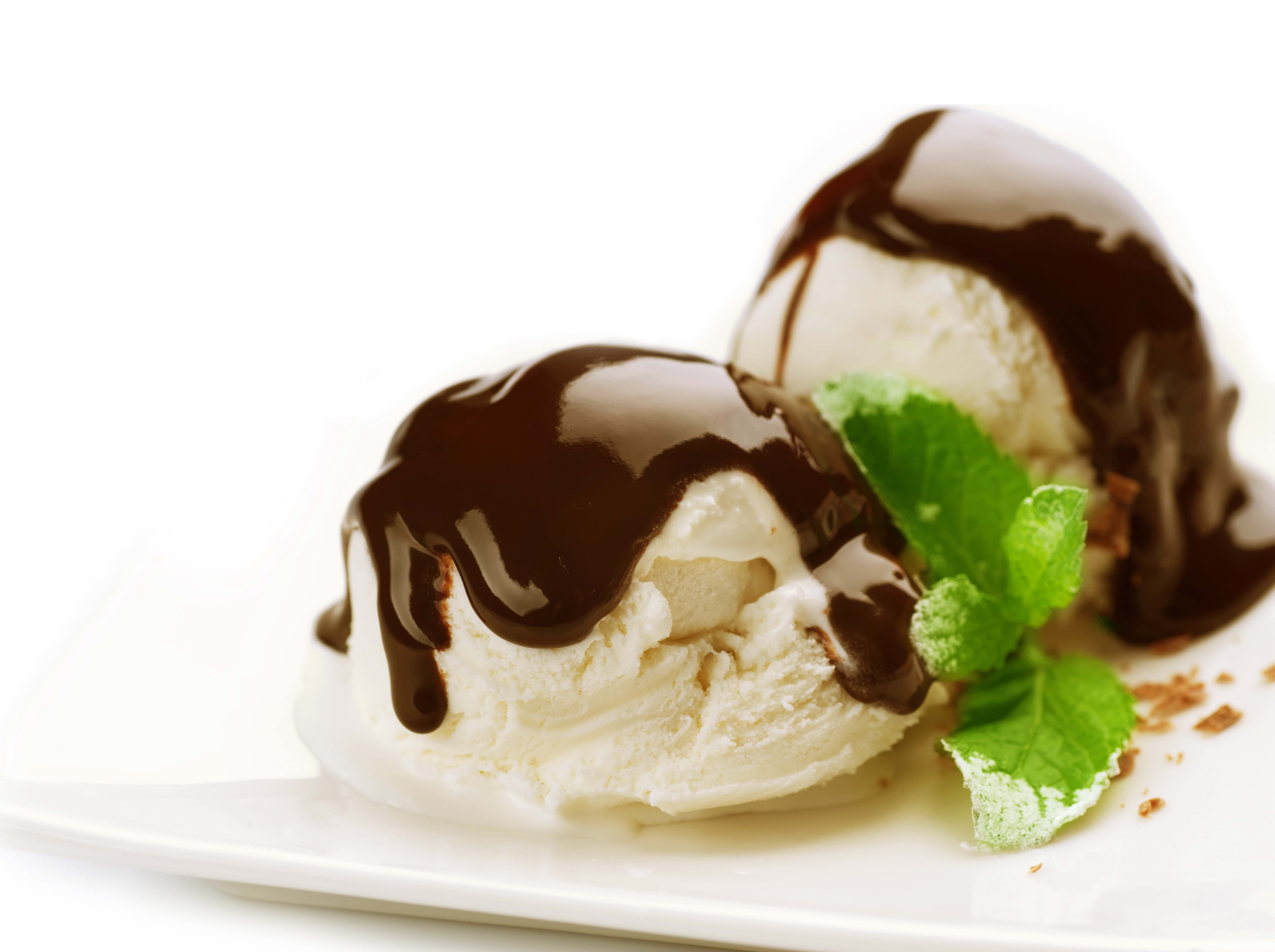 Wallpaper Ice Cream Chocolate Leaves Plate White Background