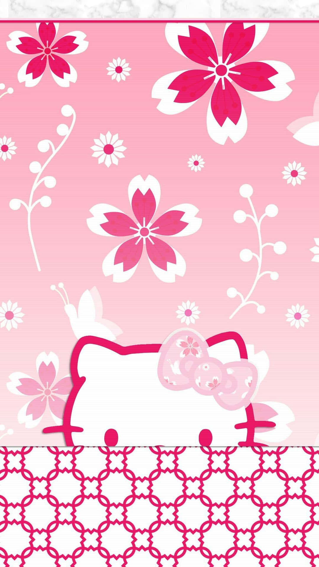 A pink Hello Kitty wallpaper with cherry blossoms and a geometric pattern
