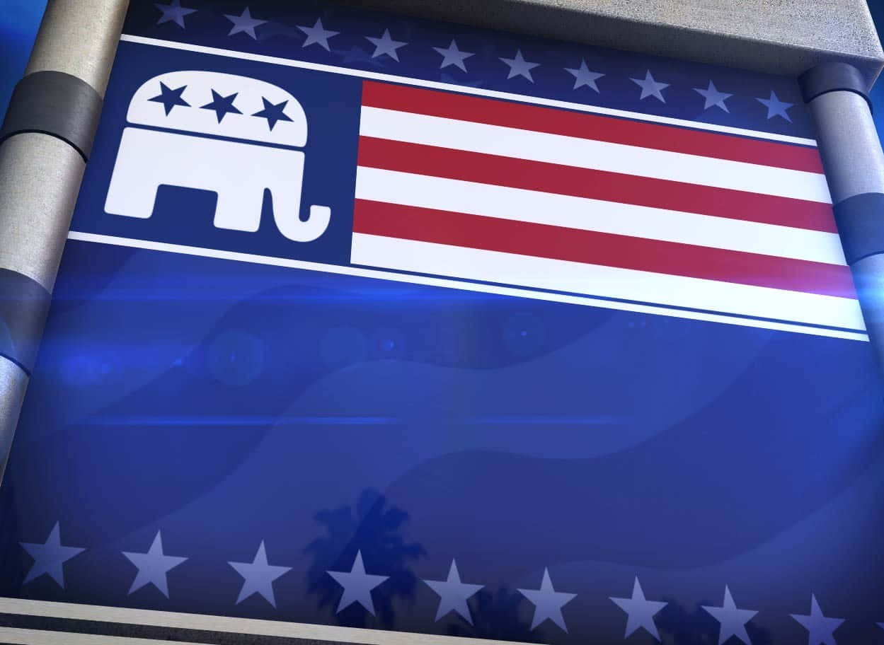 A stylized Republican Party banner with an elephant logo, red and white stripes, and blue background with white stars