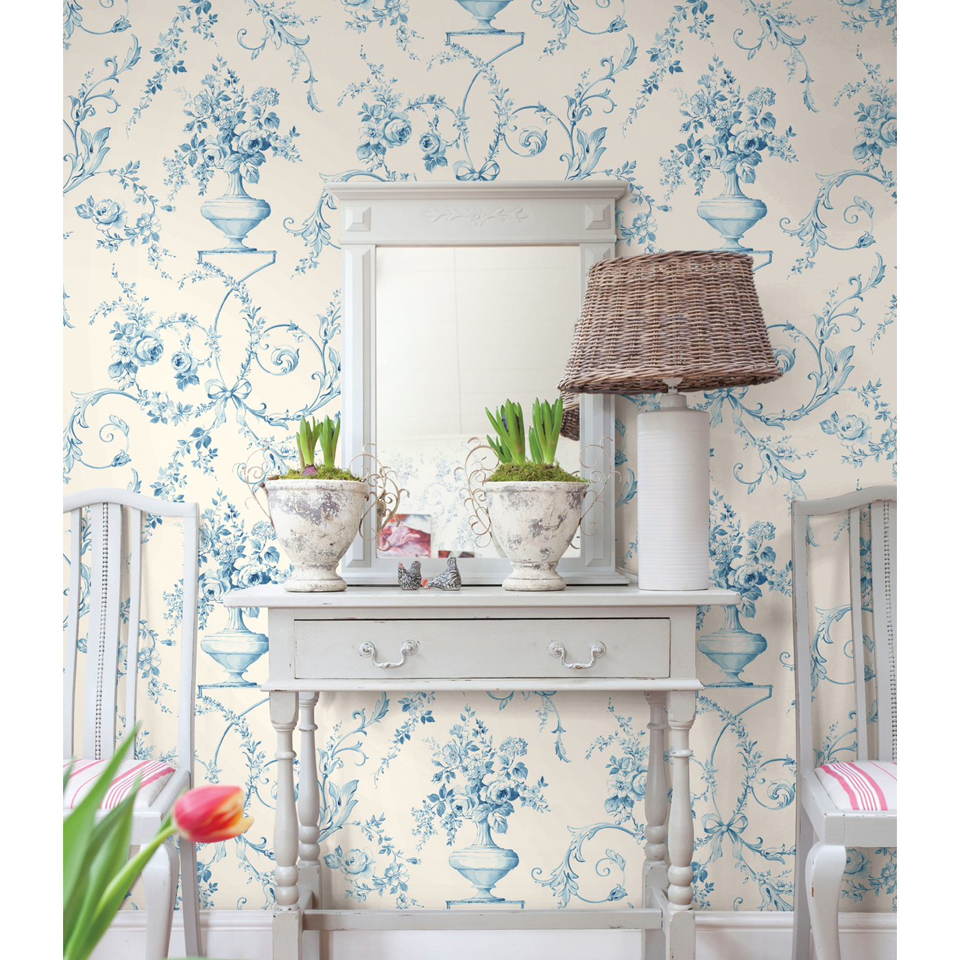 Home Fashions Springtime Cottage Floral Urn Blue Wallpaper