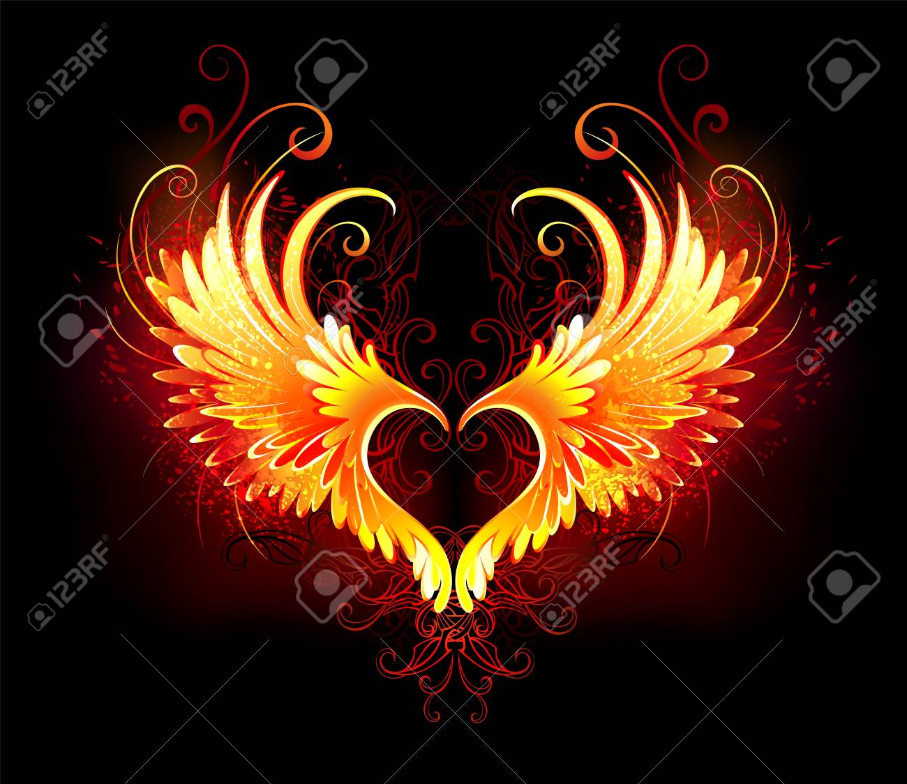 Angel Fire Heart With Flaming Wings On Black Background Royalty