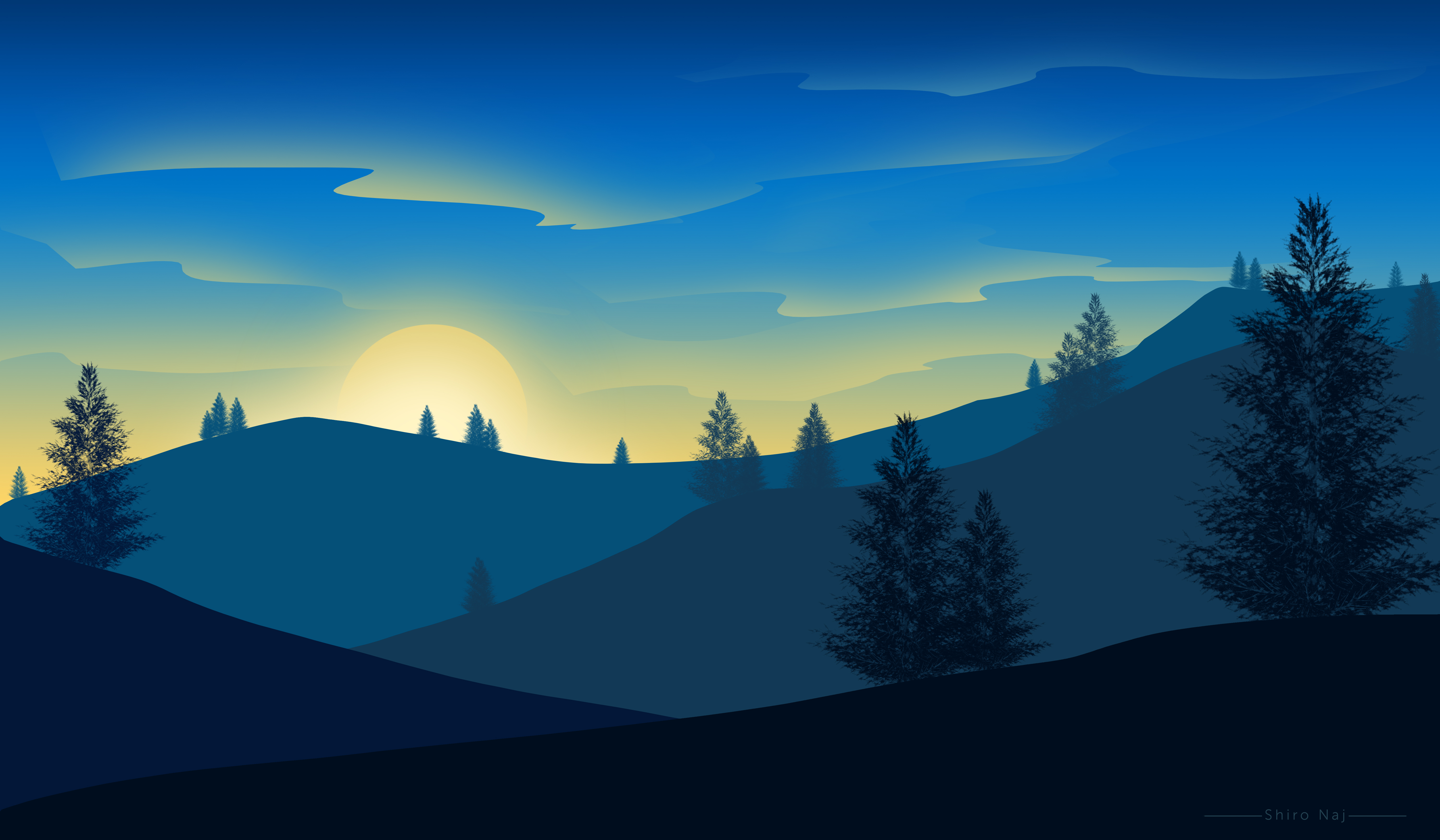 Minimalist sunrise landscape with rolling hills and silhouetted trees