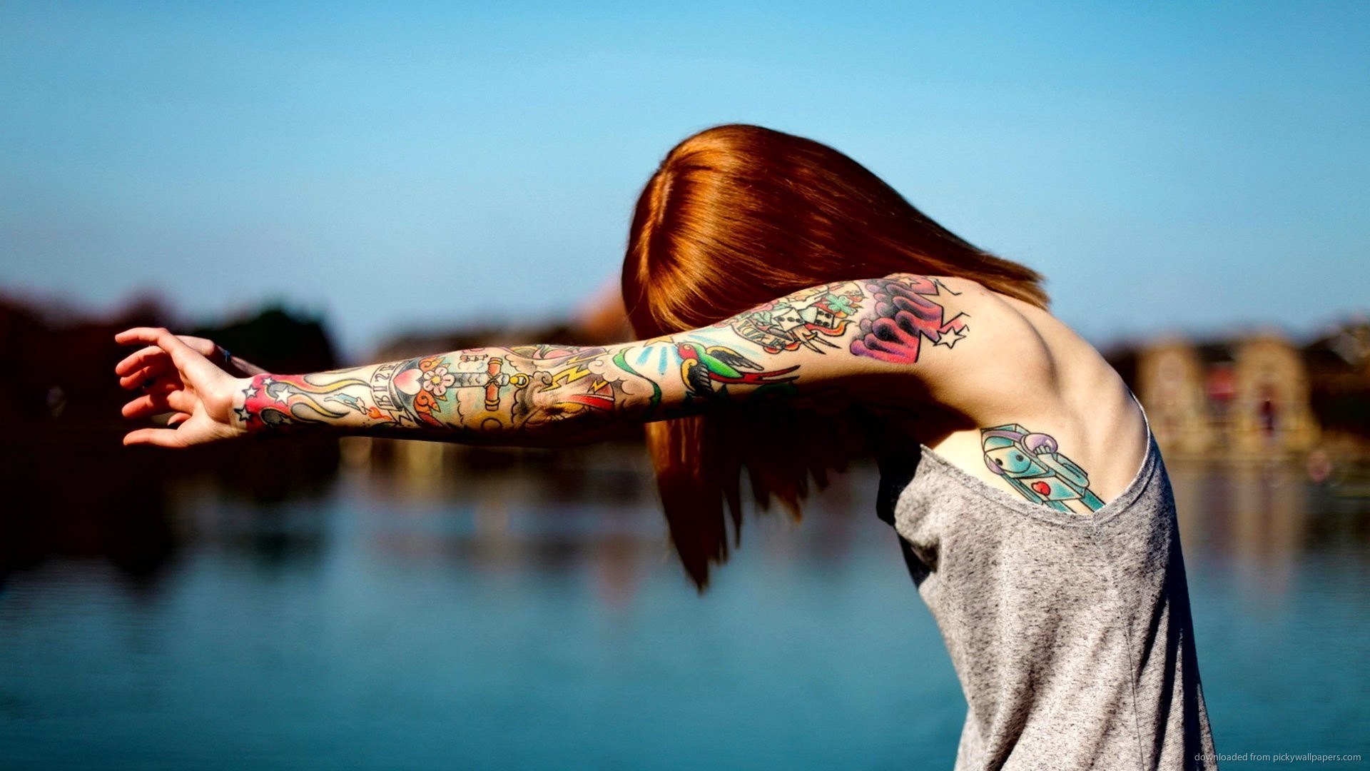 Red Girl With Colorful Tattoos Wallpaper