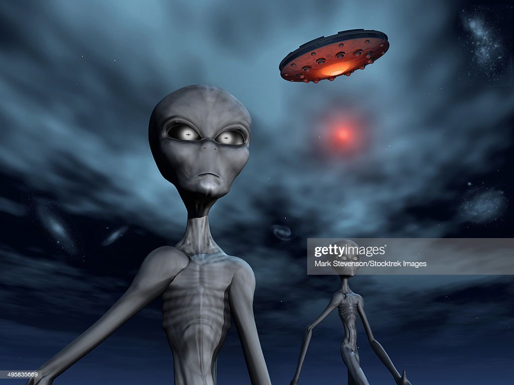 Grey Aliens And Their Flying Saucer Visiting Earth High Res Vector