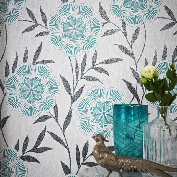  Teal Floral Wallpaper   Blue Flower Wall Coverings by Graham Brown