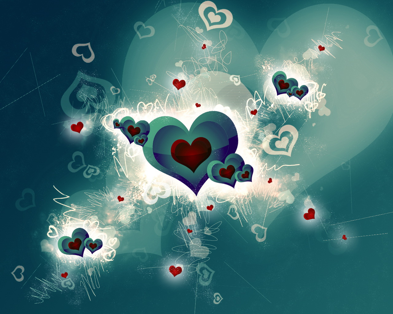 Abstract Love Wallpaper with Teal Background and Red and Green Hearts