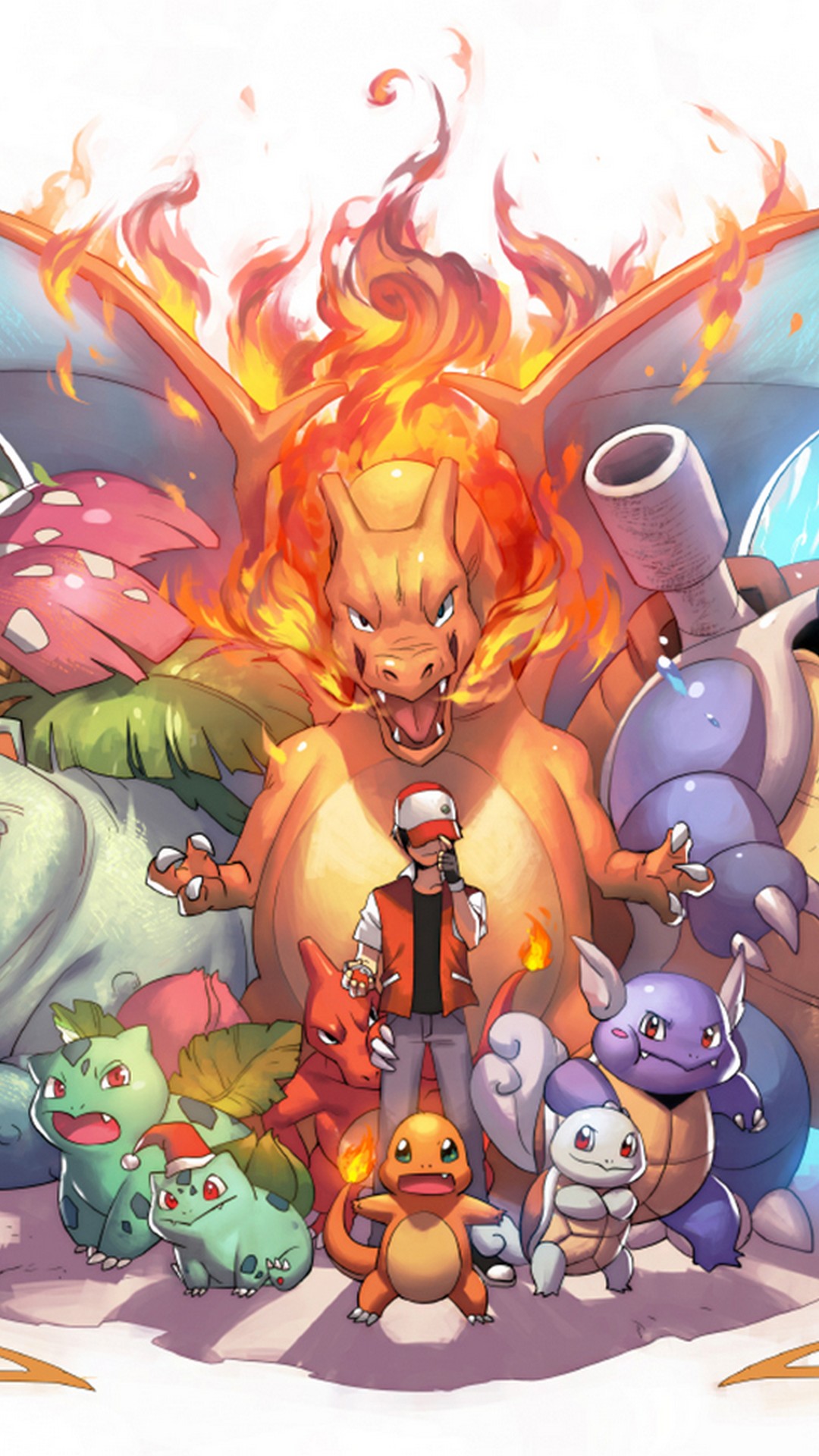 A colorful illustration featuring popular Pokemon characters like Charizard, Blastoise, Venusaur, Pikachu, and their trainer, Ash Ketchum, in a dynamic pose
