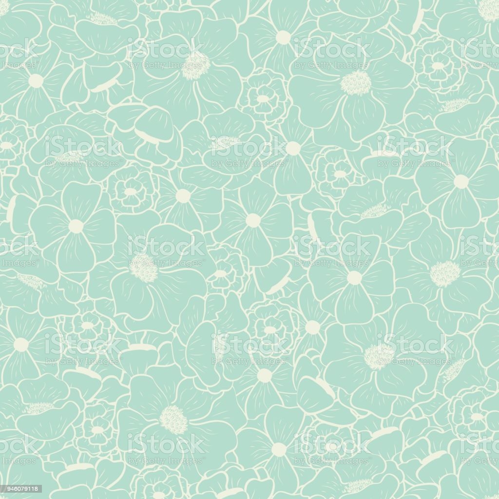 Floral Seamless Pattern With Beautiful Flowers On Mint Background