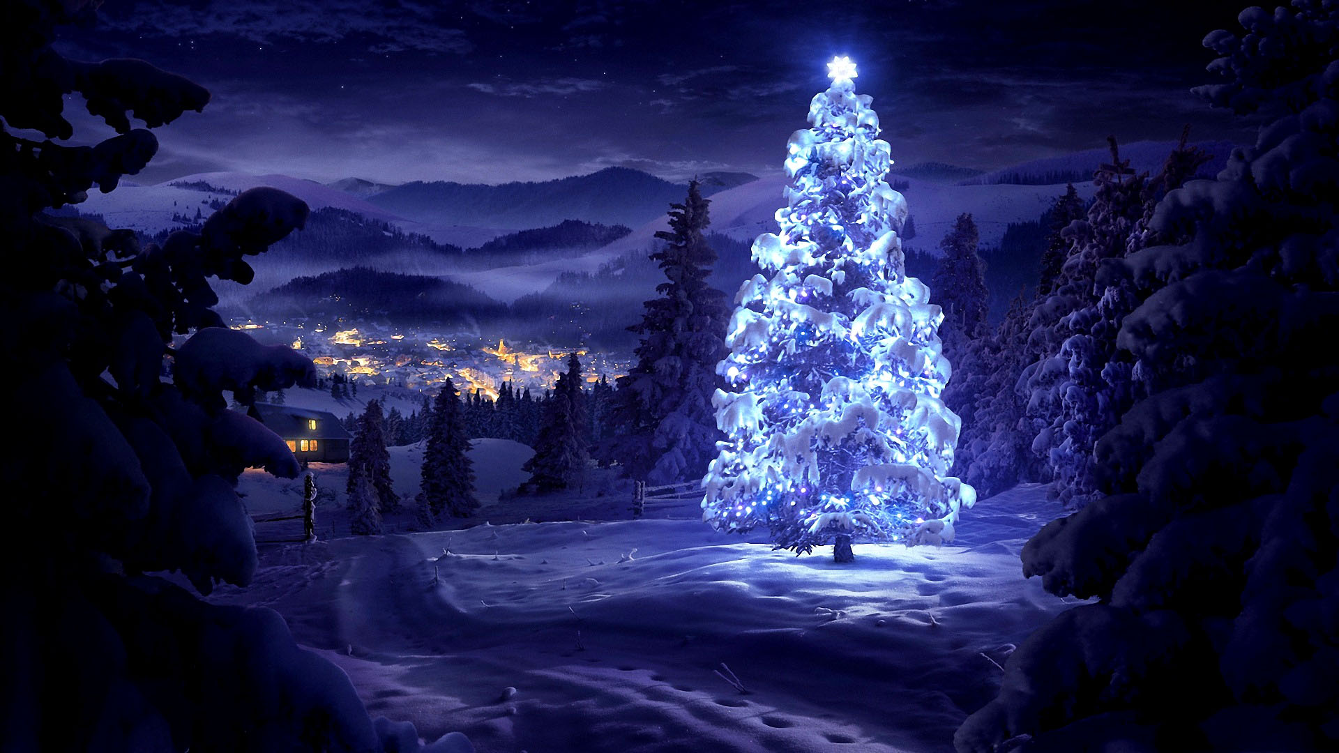 A brightly lit Christmas tree stands in a snowy landscape, overlooking a cozy village nestled in the valley below. The scene is set against a backdrop of snow-covered mountains and a starry night sky, evoking a sense of peace and festive cheer
