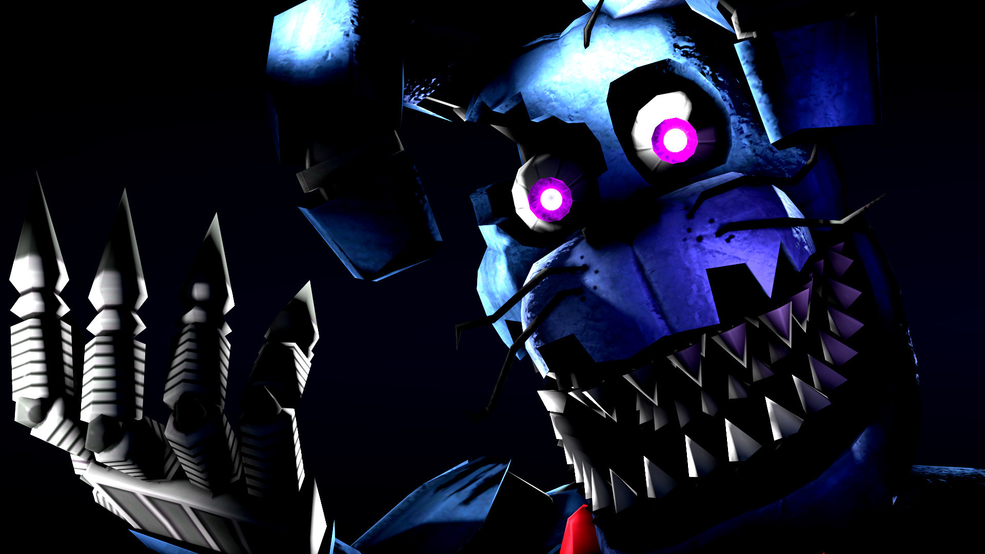 Close-up of Nightmare Bonnie from Five Nights at Freddy's, featuring sharp teeth, glowing eyes, and a menacing pose