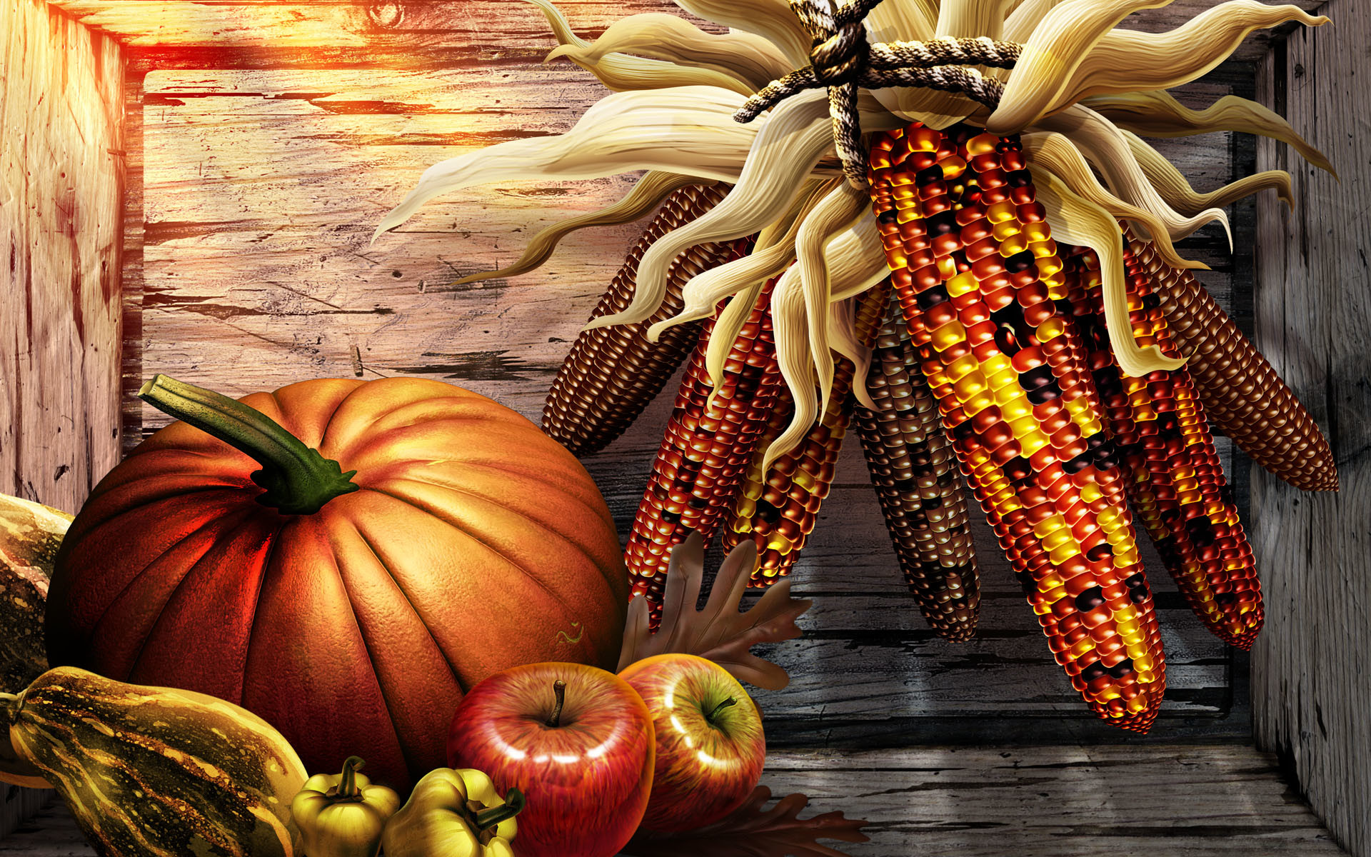 A beautiful Thanksgiving still life with a pumpkin, apples, Indian corn, and gourds