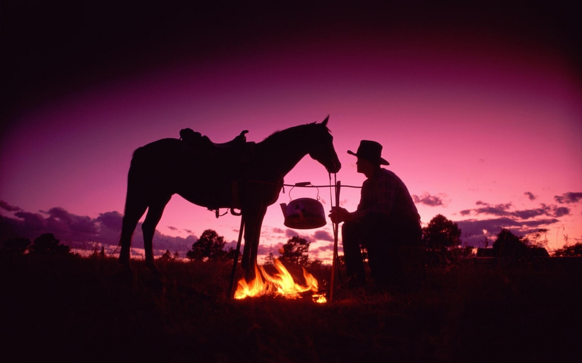 Horses Cowboy People Sunset Fire Wallpaper