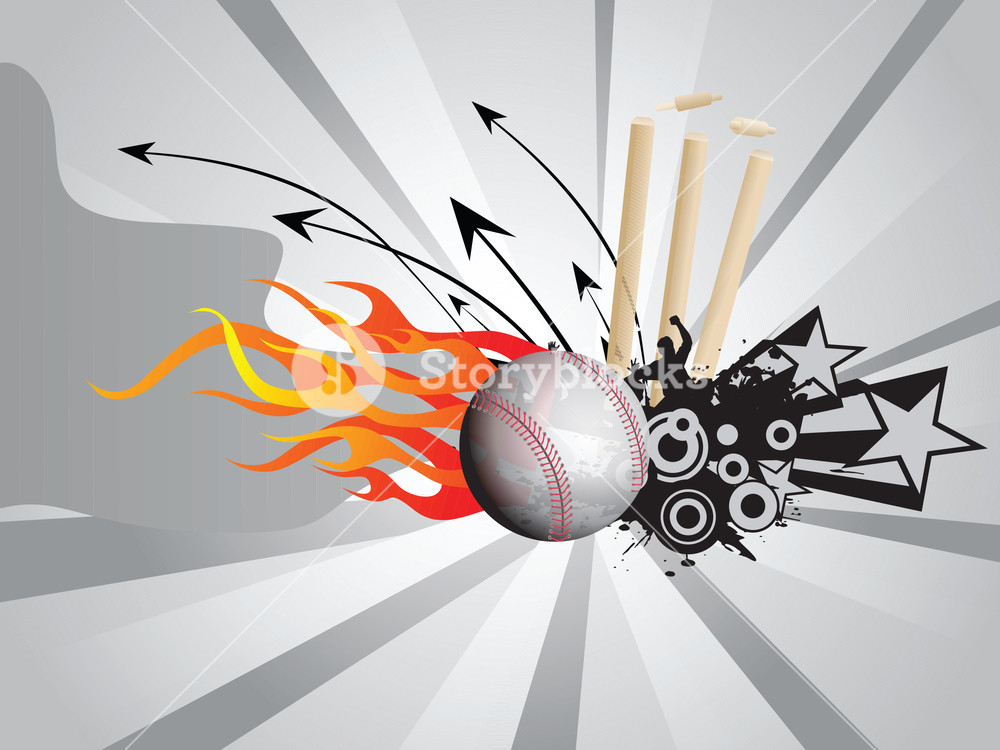 Grunge Fire Background With Cricket Ball And Stump Royalty