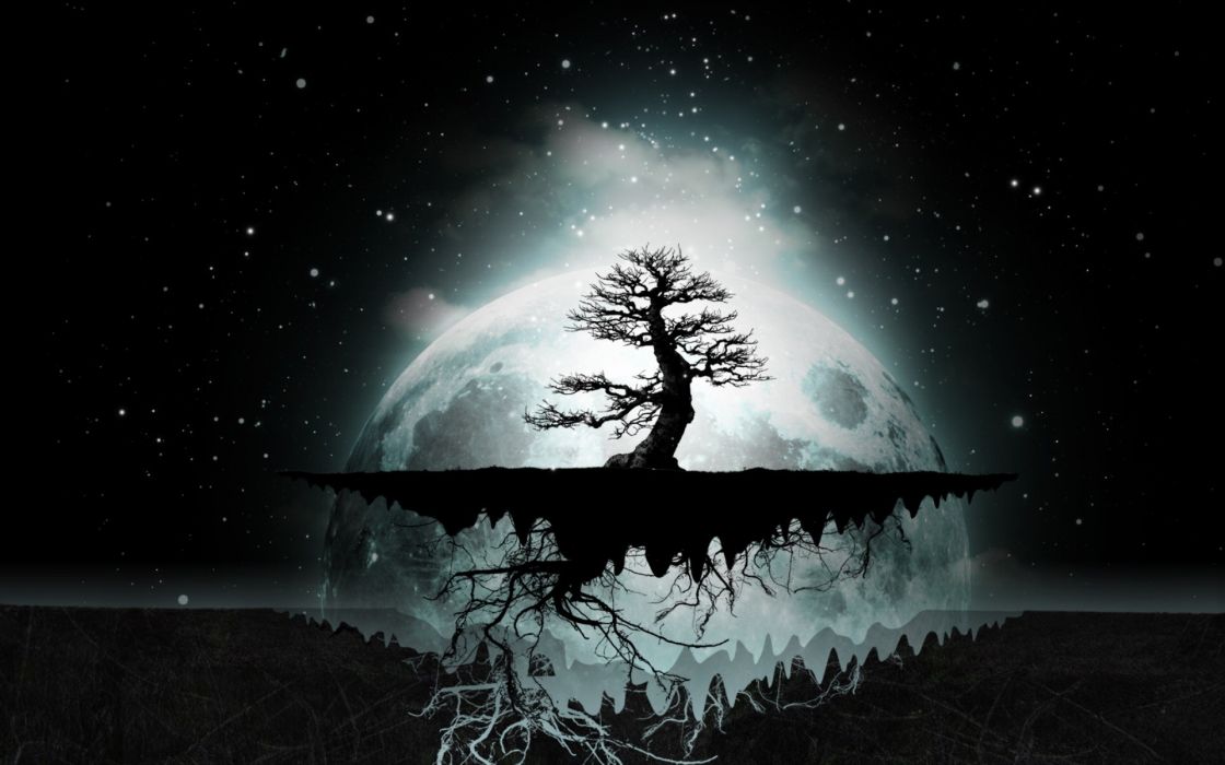 Abstract Trees Dark Night Stars Moon Digital Art Artwork Sky