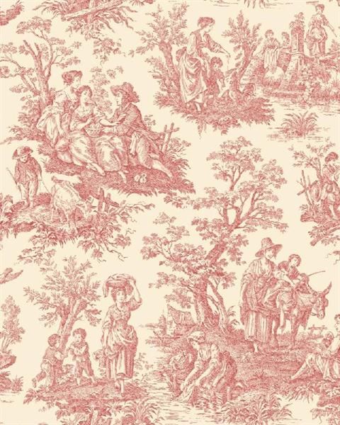 Red And White Country Life Toile Wallpaper Totalwallcovering