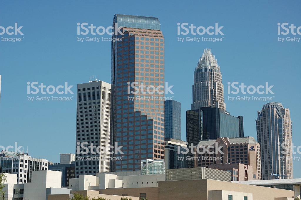 Skyline Of Charlotte North Carolina With Blue Sky Background Stock