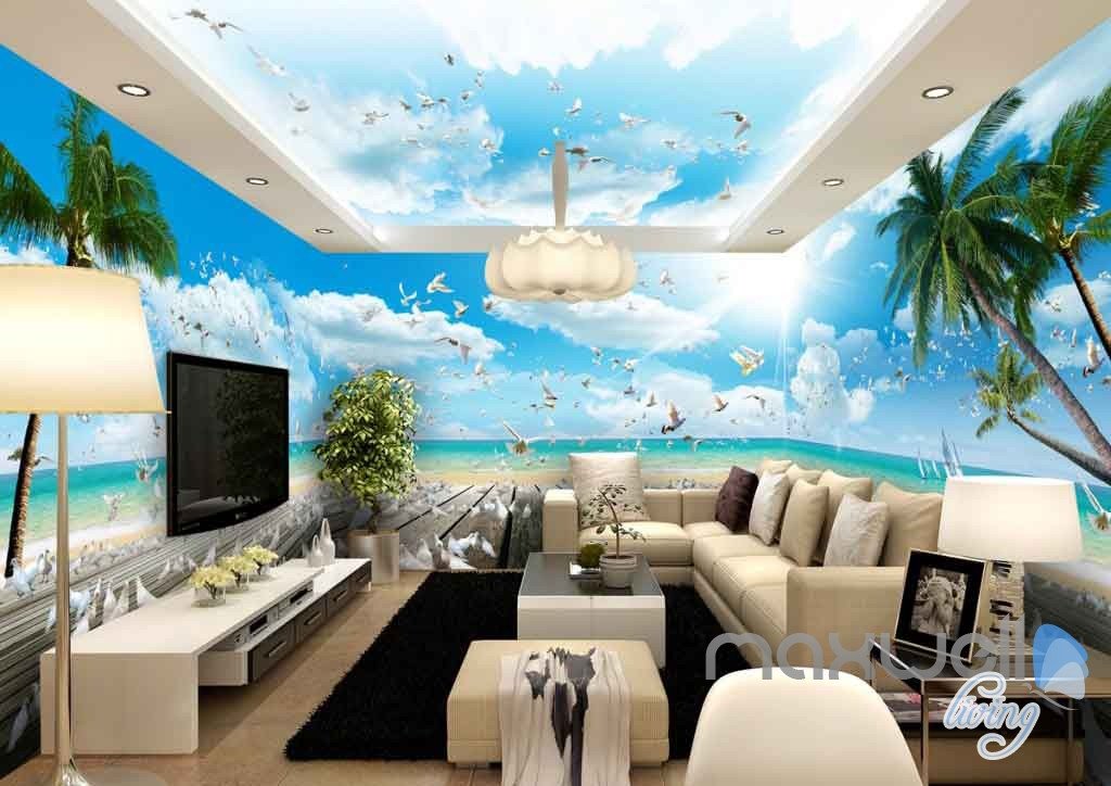 3d Beach Decking Pegion Entire Room Wallpaper Wall Murals Art