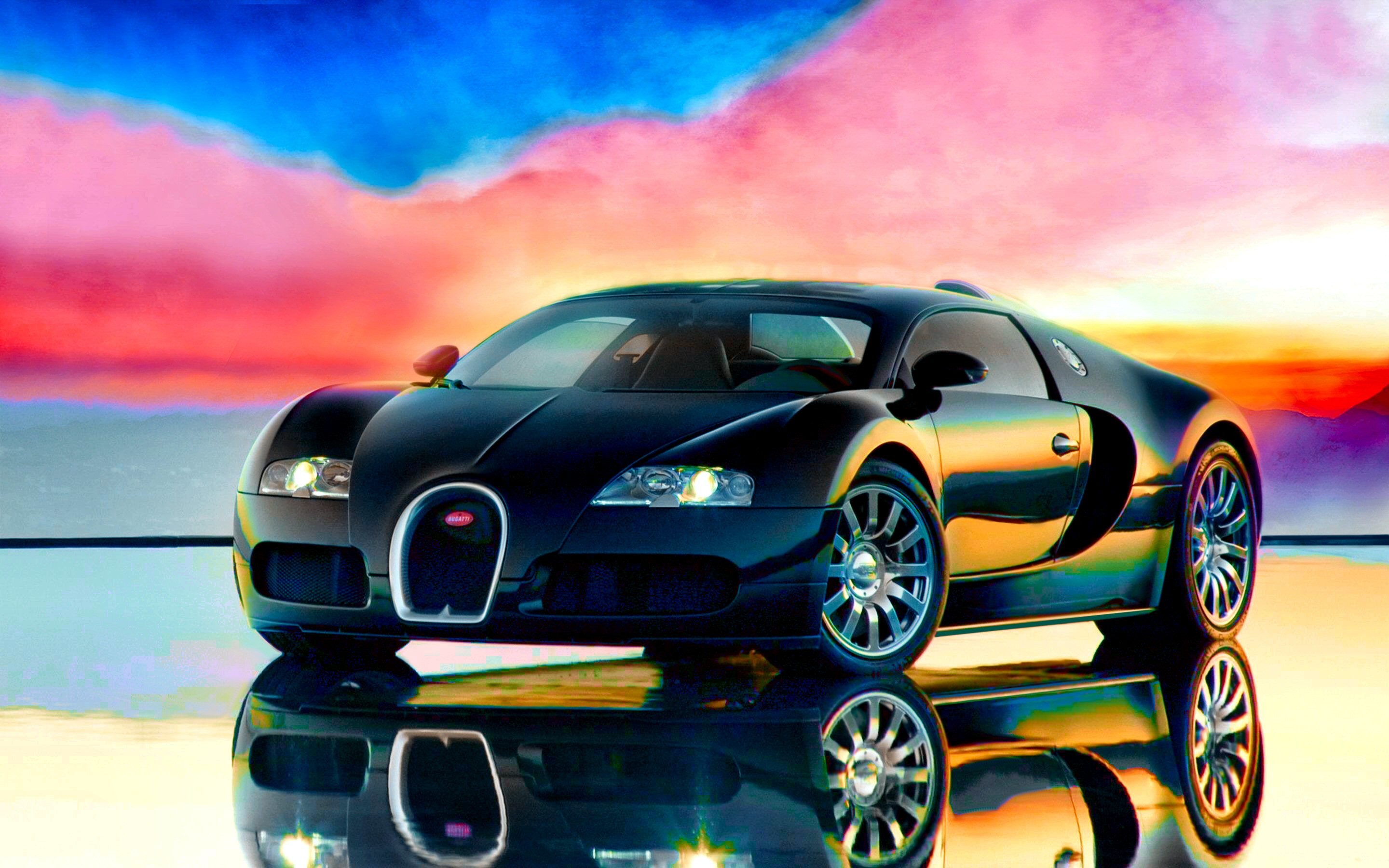 A sleek black Bugatti Veyron sports car, gleaming under a vibrant sunset, parked on a reflective surface