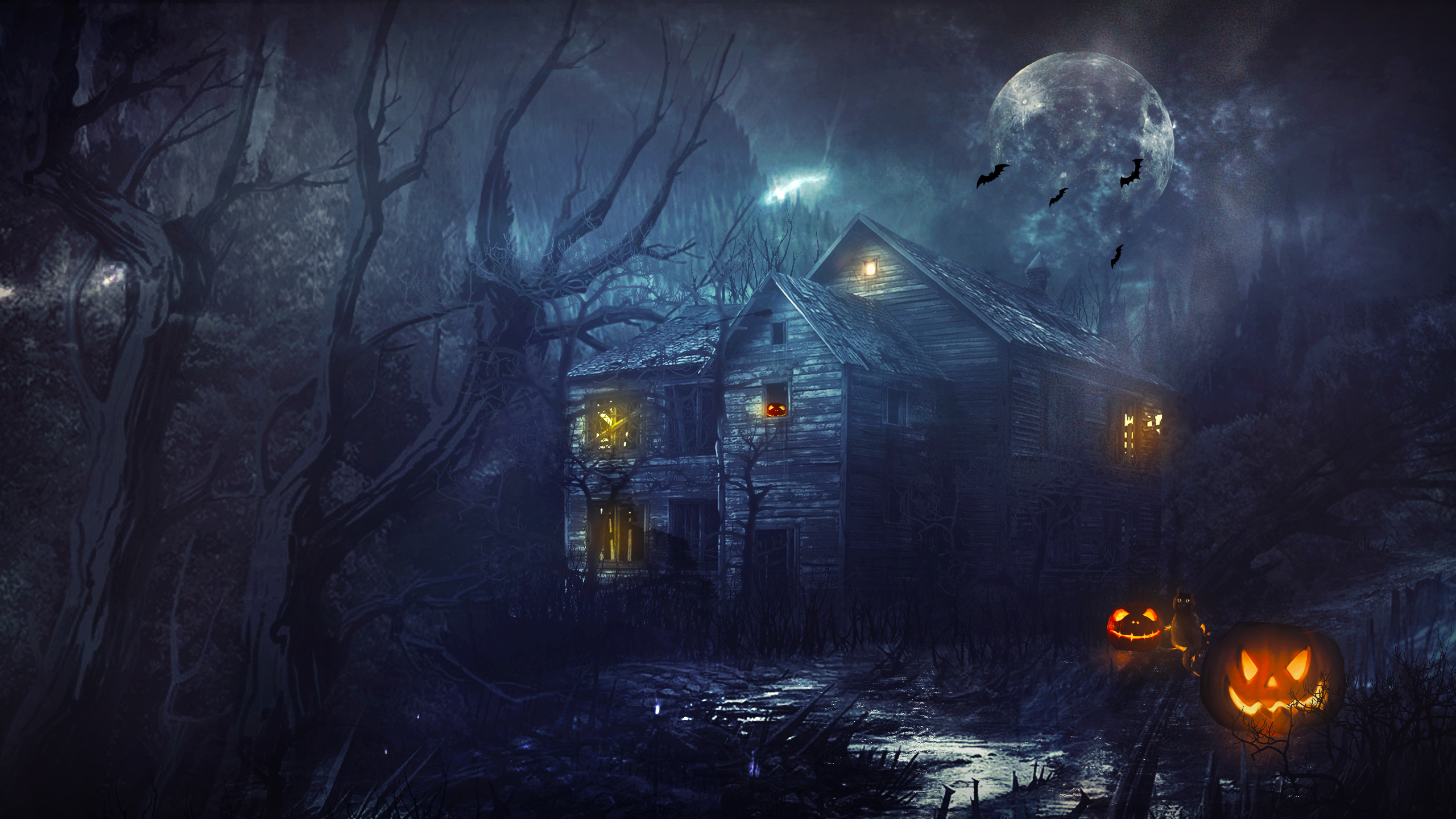 Halloween House Night Moon Pumpkin Wallpaper