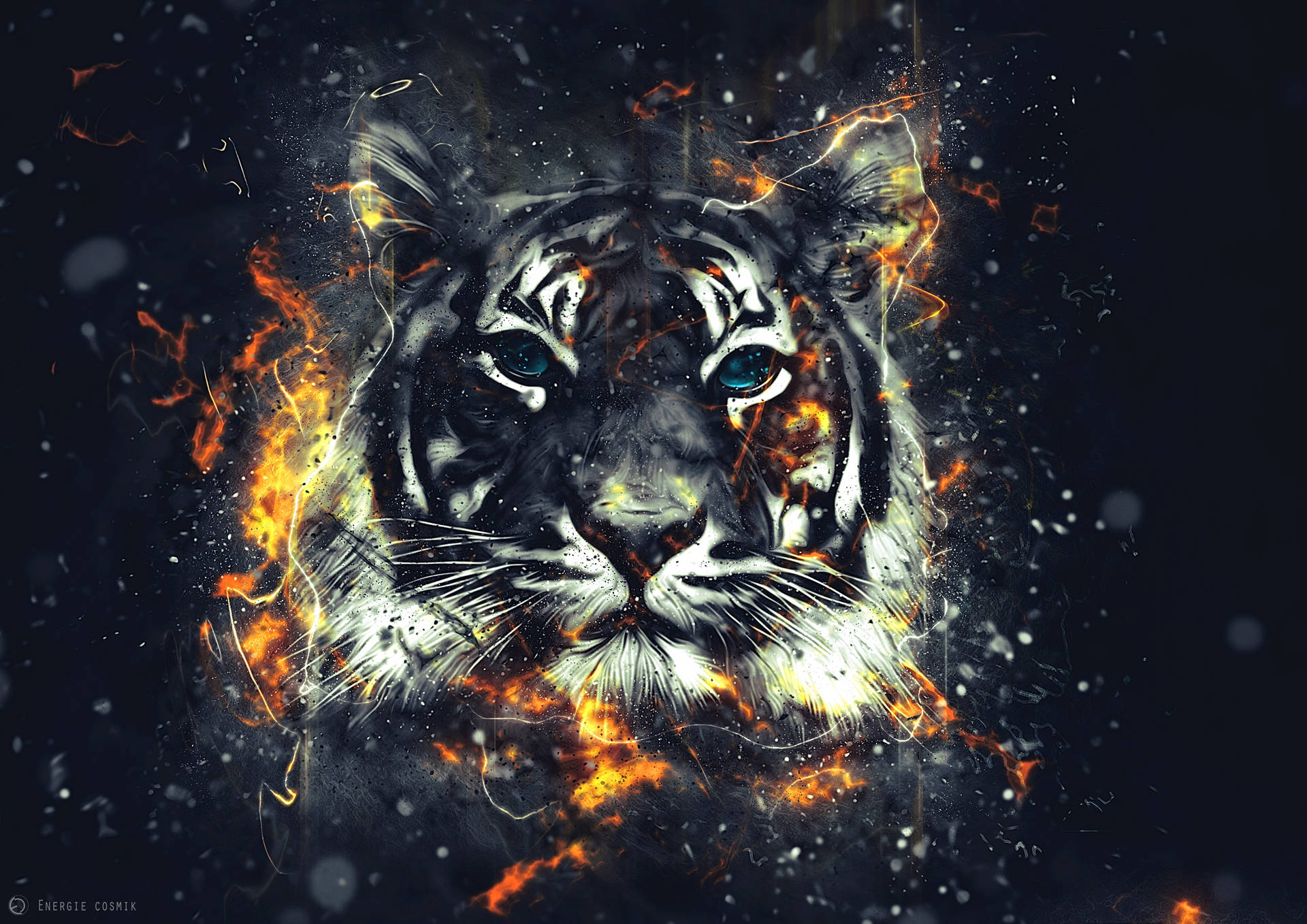 A fiery artistic depiction of a tiger's face with bright blue eyes, surrounded by orange and yellow flames, against a dark, speckled background