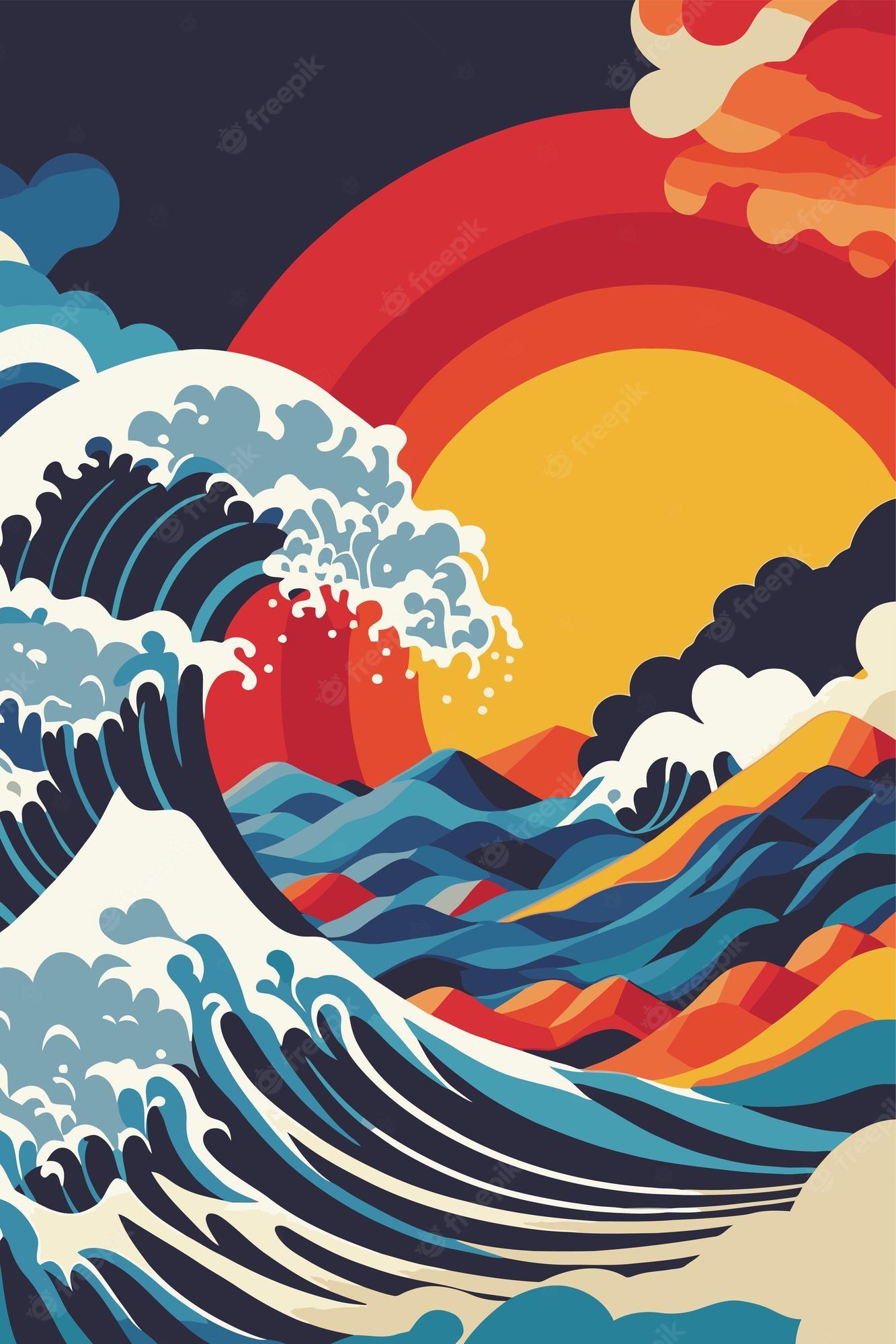 Premium Vector Big Ocean Wave With Sun Poster In Japanese Style