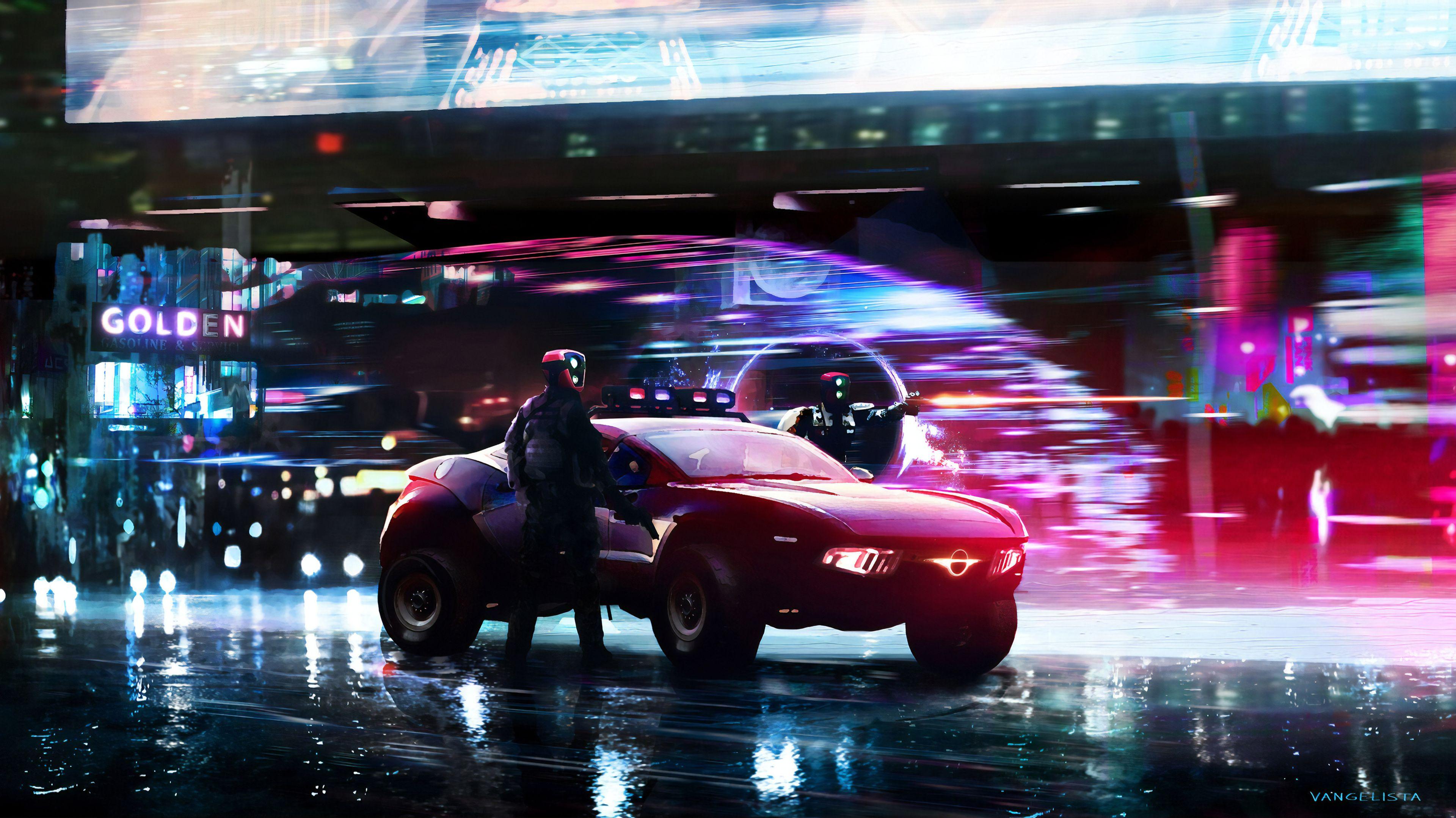 Cyberpunk Police Cars HD Wallpaper Digital Art