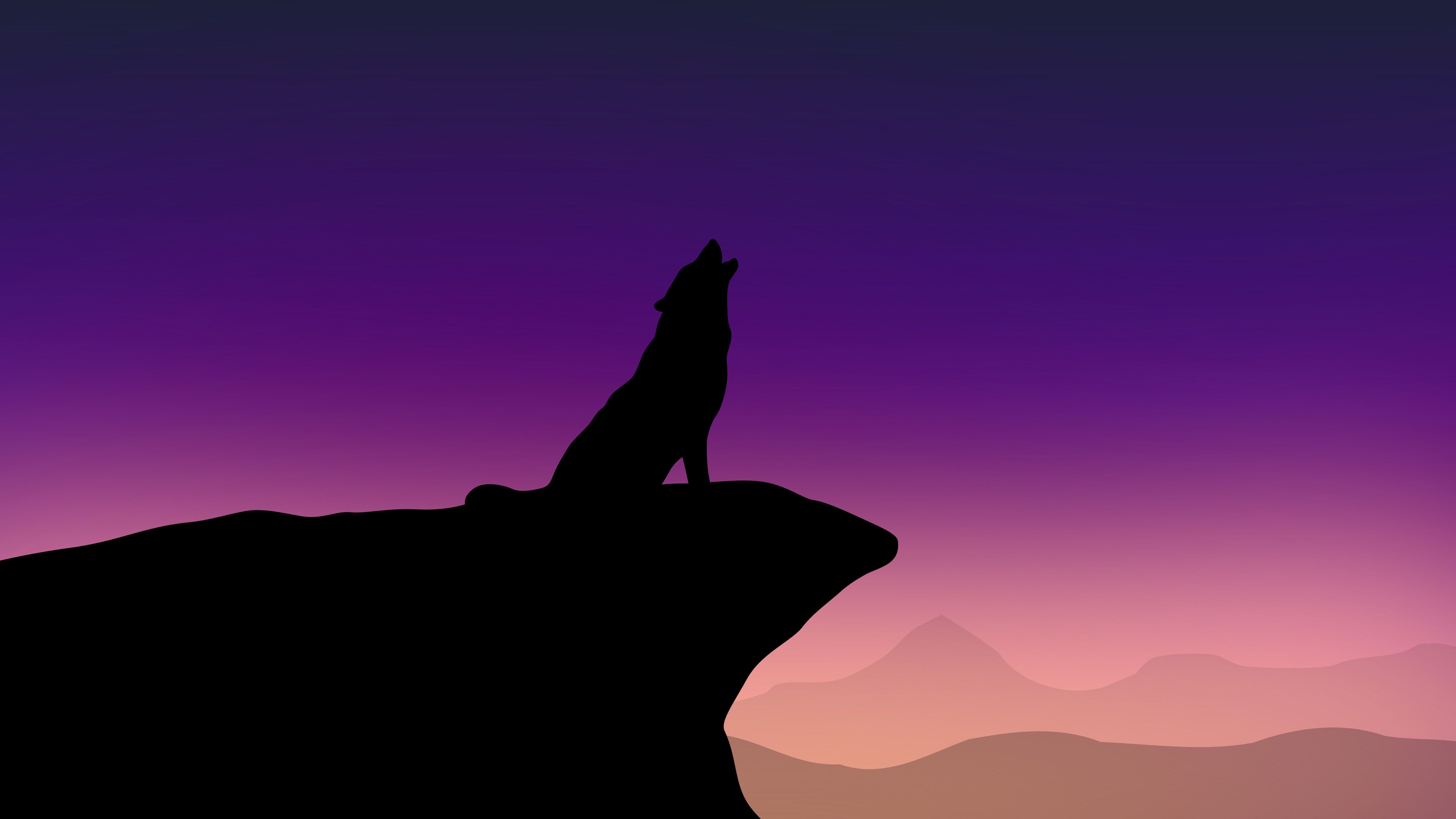 A lone wolf howls at the twilight sky, silhouetted against a vibrant purple and orange gradient. Perched atop a rocky cliff, the wolf's call echoes across a misty mountain range