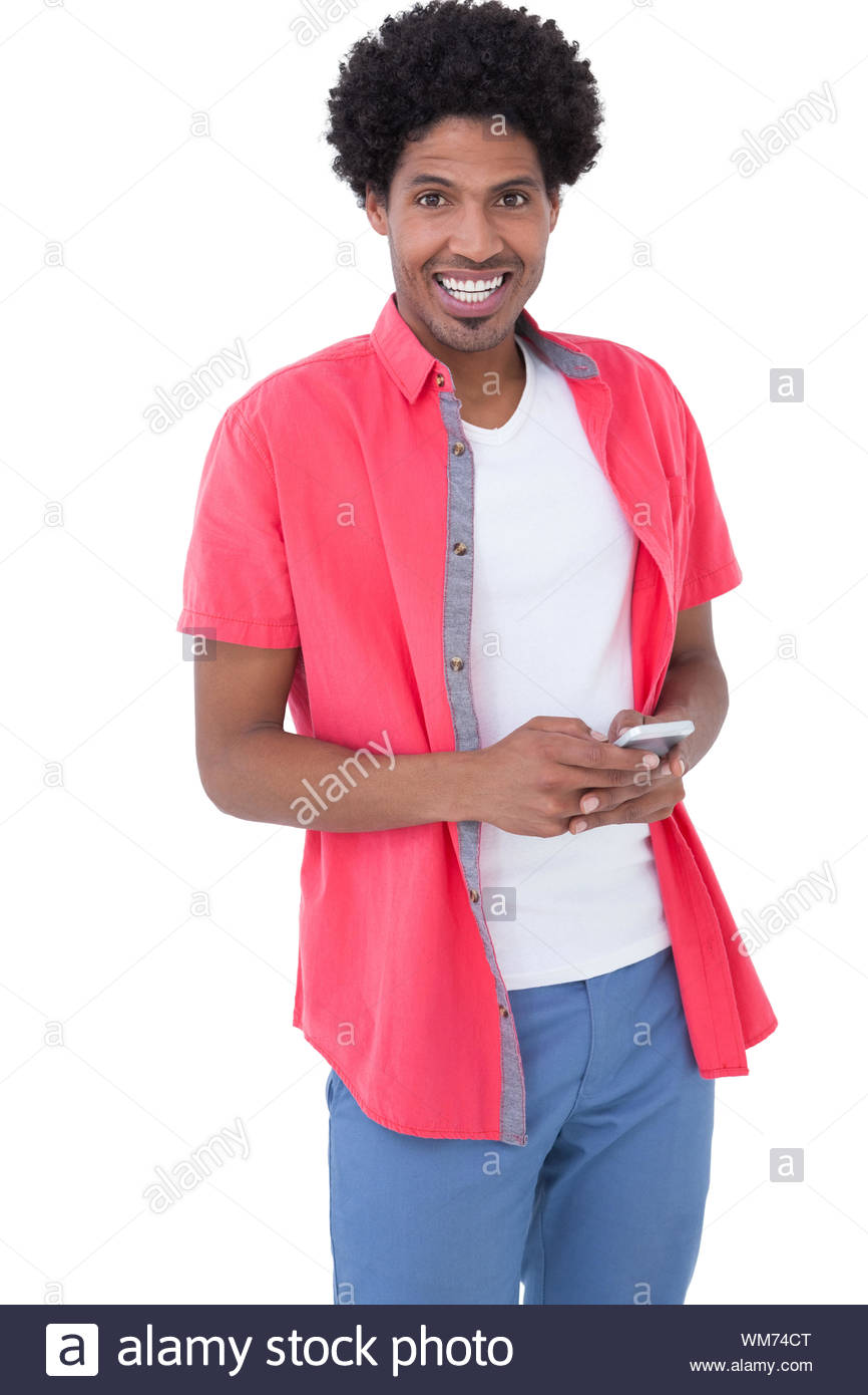 Happy Causal Man Holding Smartphone On White Background Stock