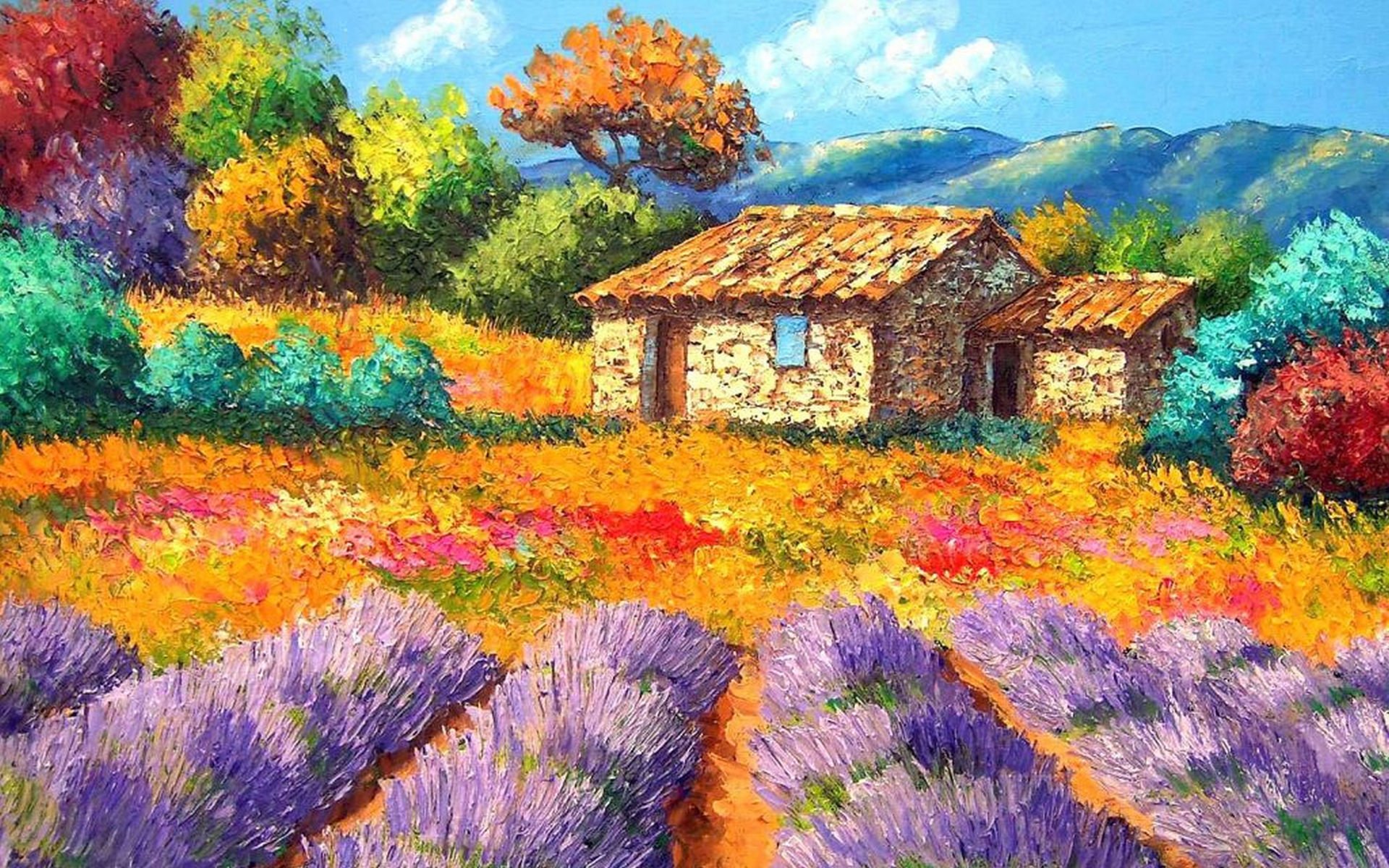 Garden House Painting Yard Landscape Wallpaper