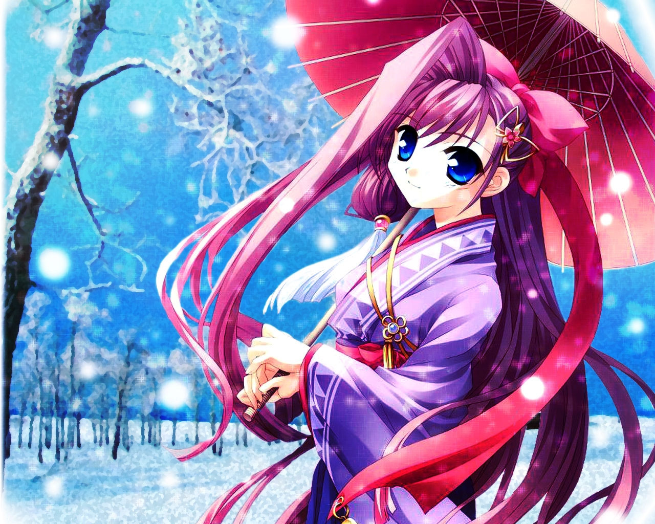 An anime girl in a purple kimono holds a red parasol in a snowy landscape