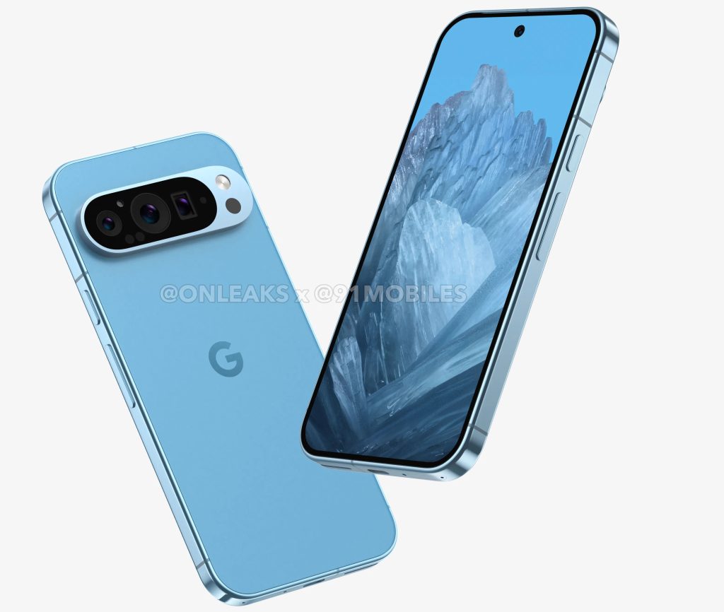 Leaked image of Google Pixel 9 showcasing its light blue color and unique camera design with a wallpaper of an icy mountain