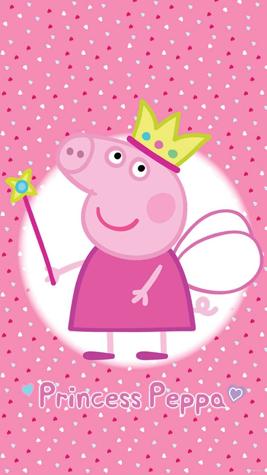 Princess Peppa Pig with a magic wand and crown on a pink background with hearts