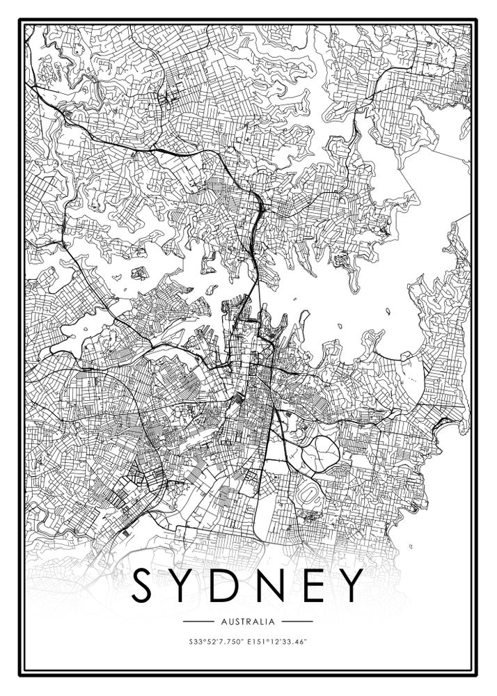Sydney City Map Australia White And Black Art Print By 23maps