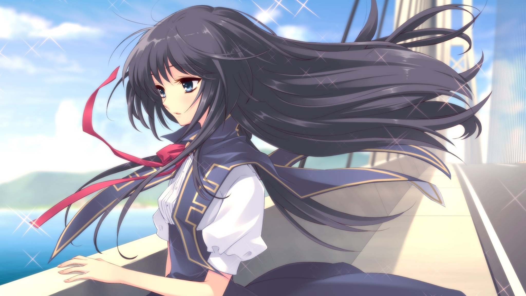 2048x1152 Girl Anime Brunette Ship Deck Wind Walk Wallpaper