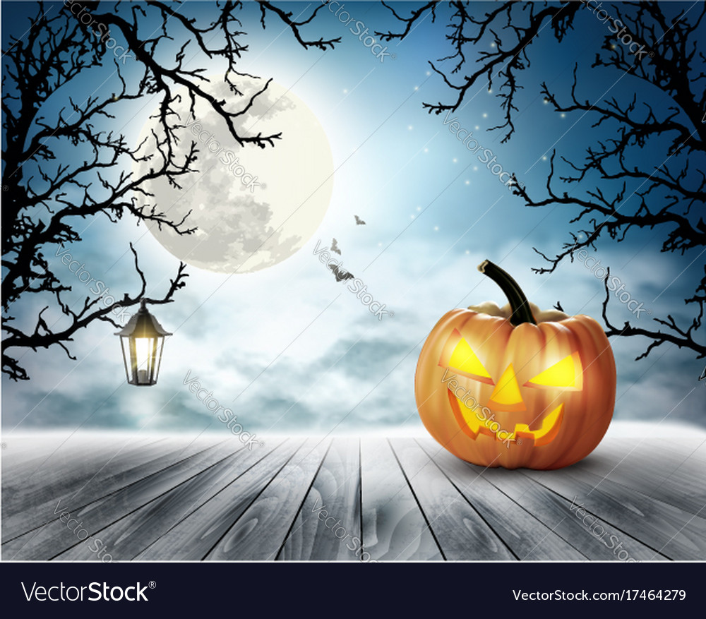 Scary halloween background with pumpkin and moon Vector Image 1000x877