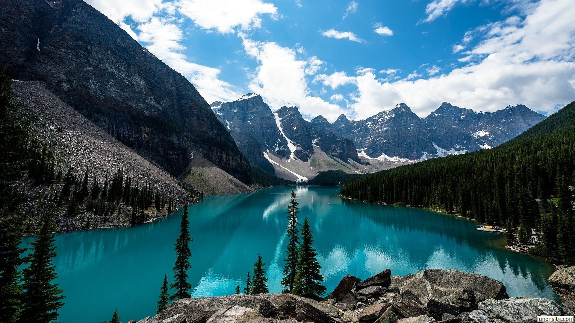 Stunning turquoise lake nestled amidst snow-capped mountains and lush evergreen forests in Banff National Park, Canada