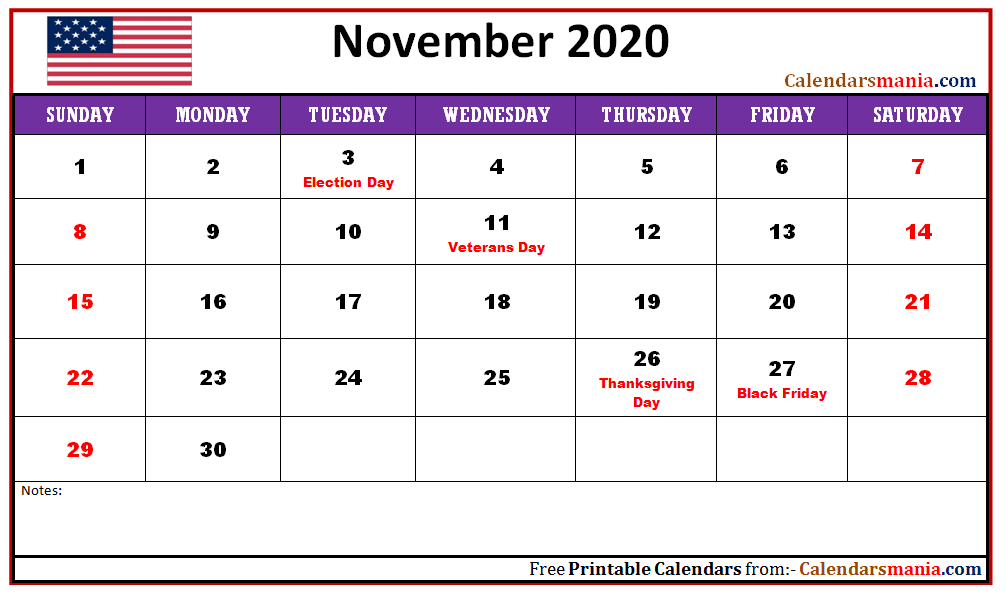Monthly 2020 The United States USA Holidays Calendar