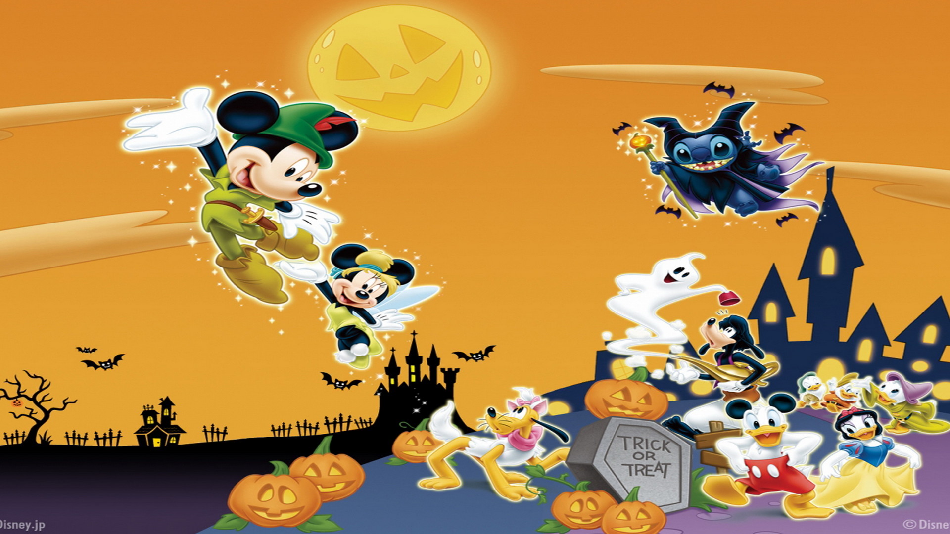 Disney characters celebrating Halloween with costumes and decorations