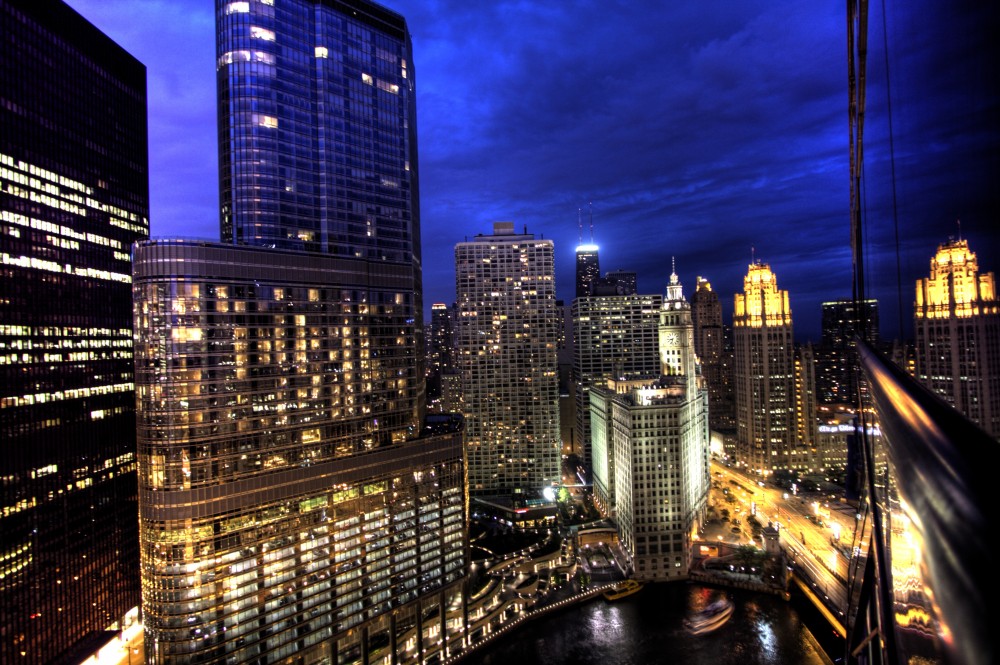 Stock Photos Chicago Skyline At Night From Hotel On Wacker