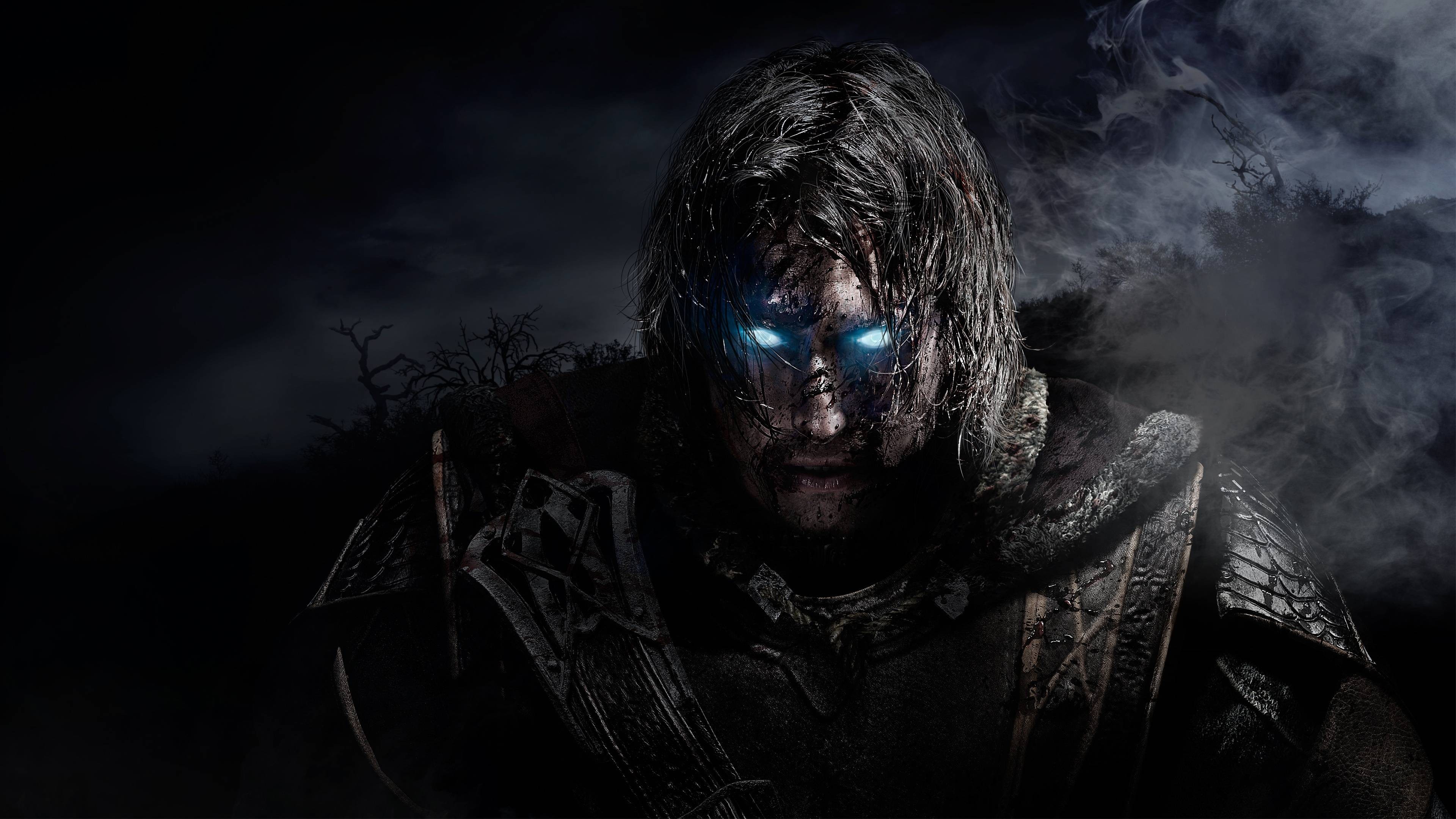 A dark fantasy warrior with glowing blue eyes, shrouded in shadows, from a 4k video game