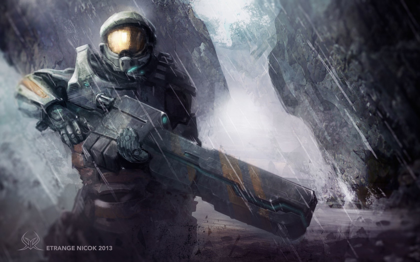 Halo Armor Warrior Weapon Rain Art Hd Wallpaper Wallpaper List