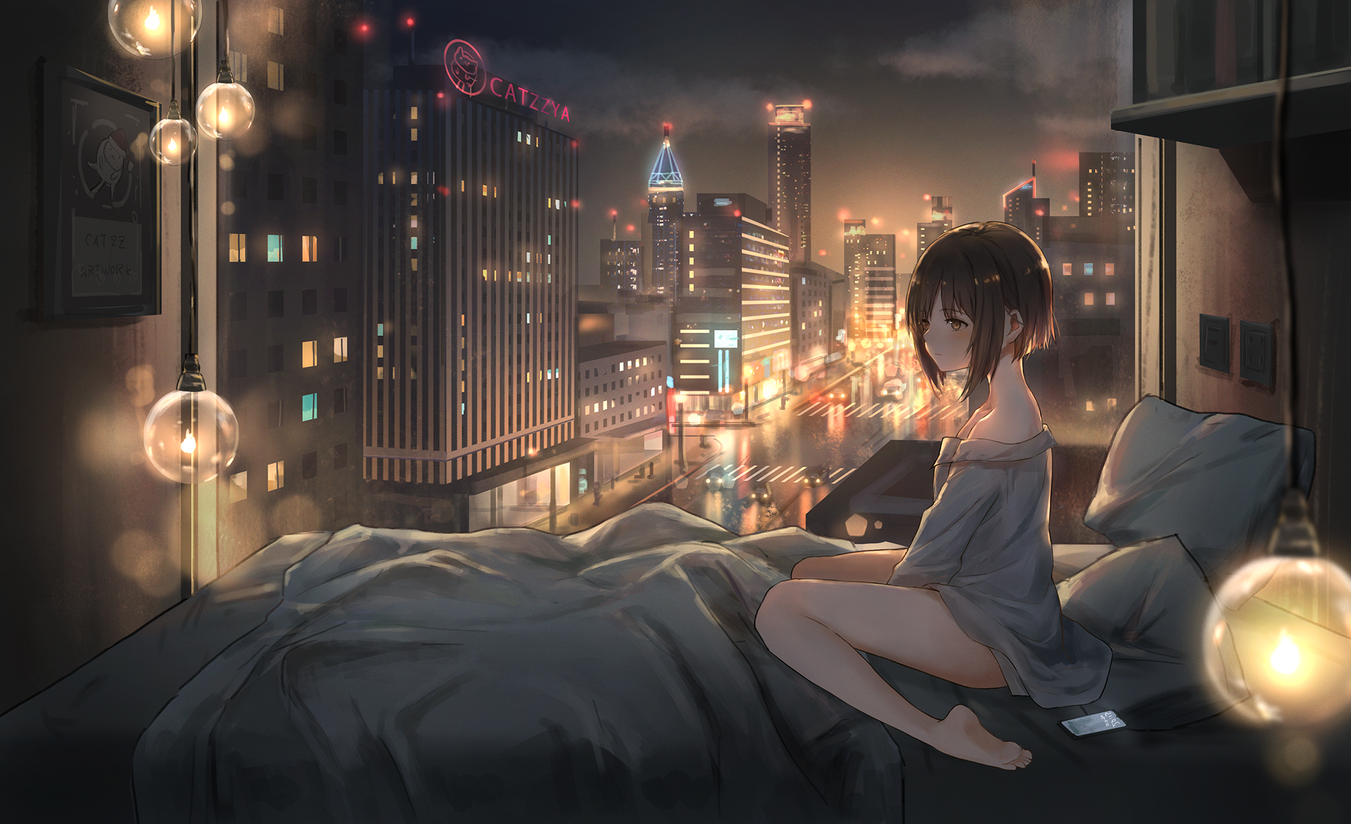 Wallpaper ID 131279 anime night city lights city bed catzz