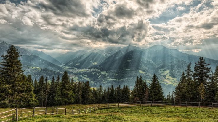 Austria Alps Rays Of Light Clouds Fence Nature Wallpaper Background