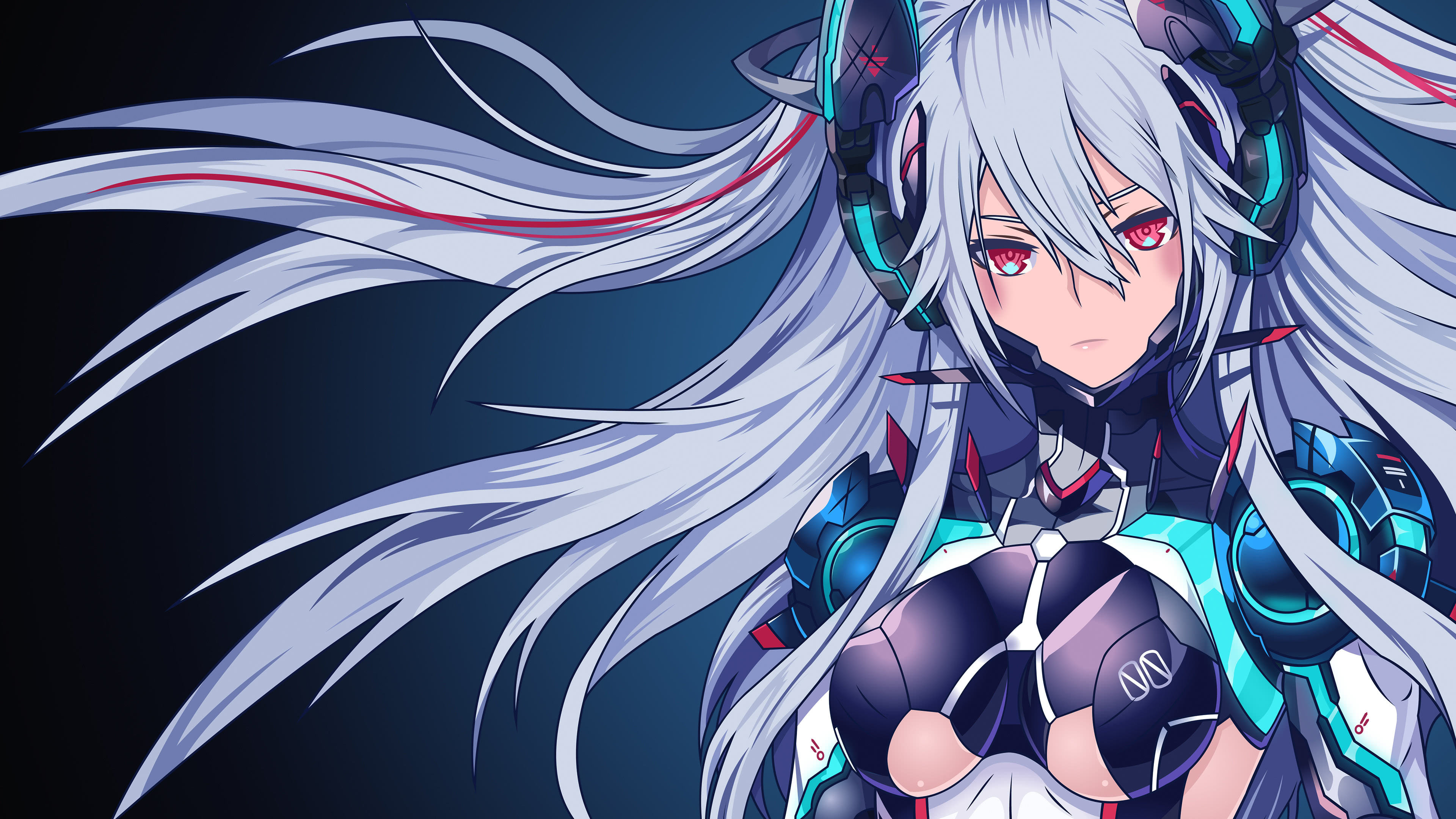 A cool anime-style 4k wallpaper featuring a female character with long white hair, futuristic headphones, and a detailed, mechanical outfit