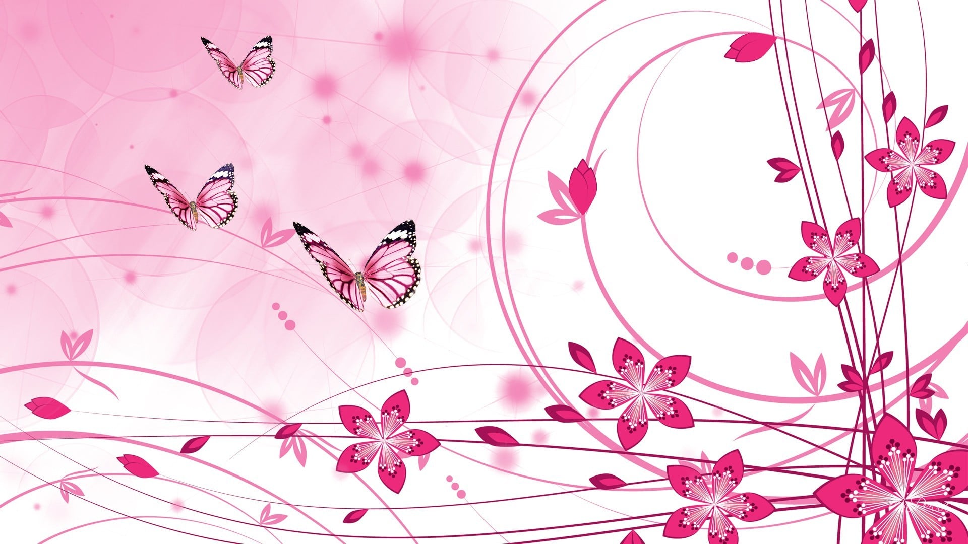 Pink wallpaper background with butterflies and flowers