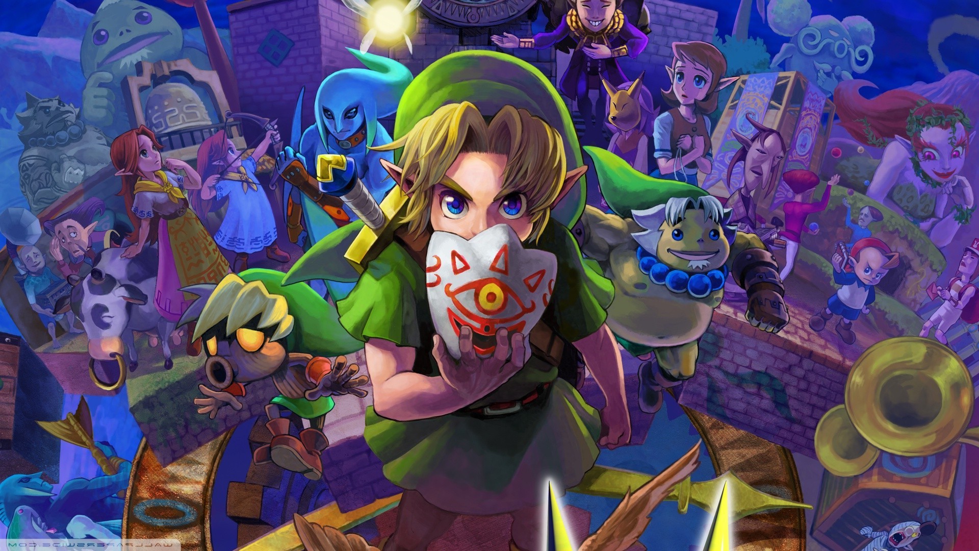 Vibrant artwork featuring Link from the Legend of Zelda series, holding a mask and surrounded by various characters and creatures from the game