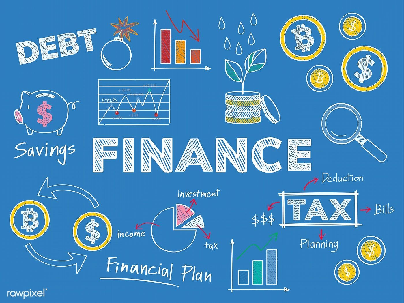 A vibrant illustration depicting various financial concepts, including savings, debt, investment, tax planning, and cryptocurrency, sketched on a blue background